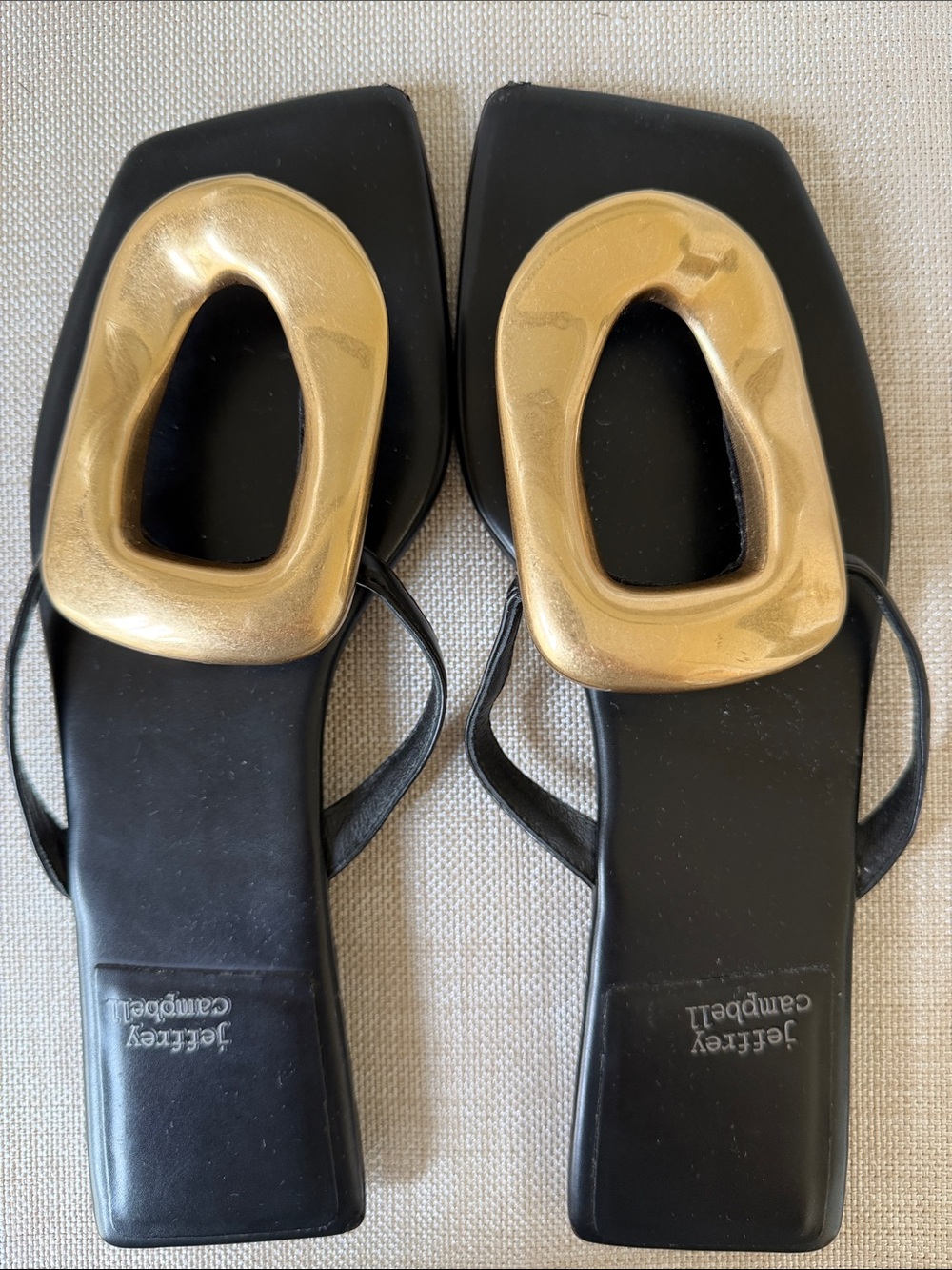 Jeffrey Campbell Black Sandals with Oversized Gold Sculpted Buckles - Picture 4 of 6